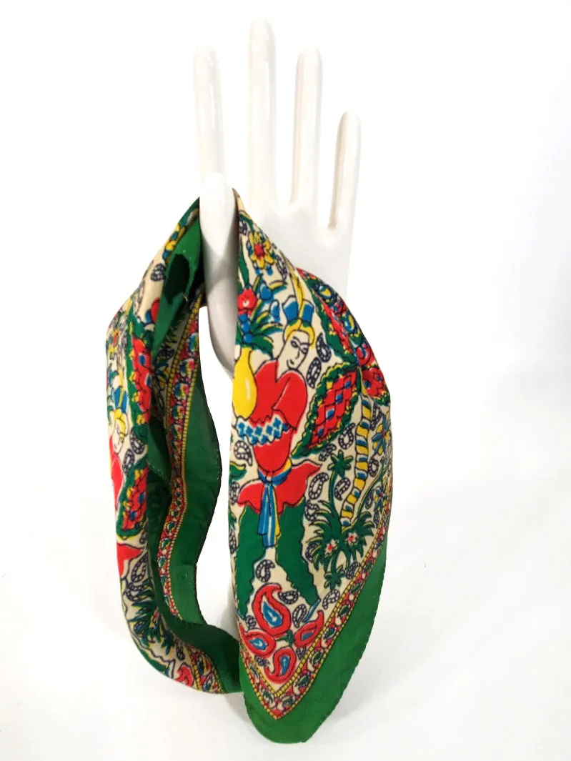 40s Colorful Silk Scarf With Ethnic Print