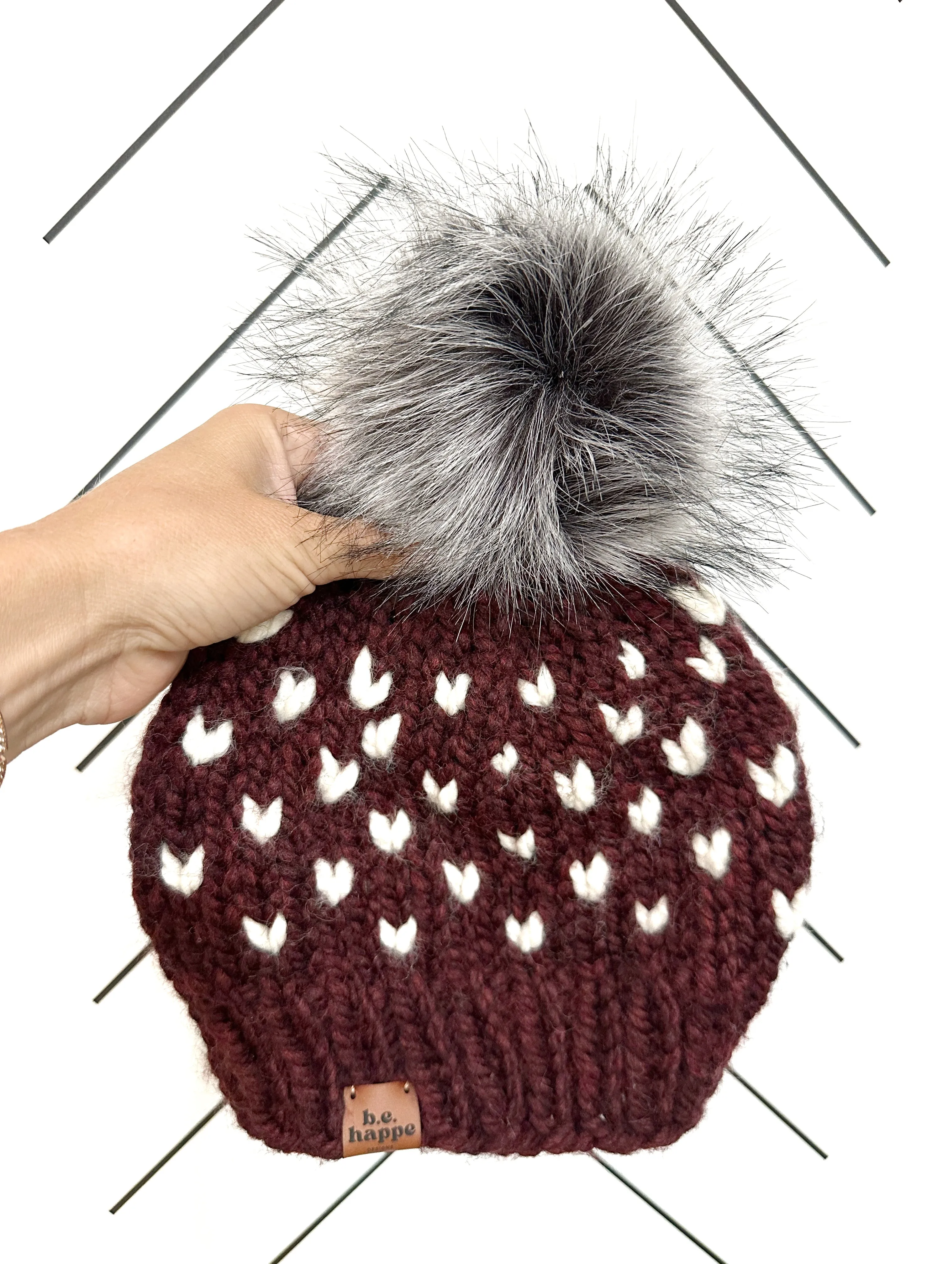 Adult Knit Heart Pom Hat | Maroon   Off White