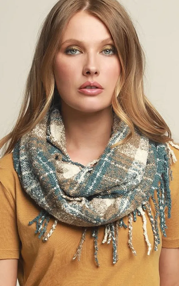 AS251 Multi Plaid Tassel Infinity Scarf