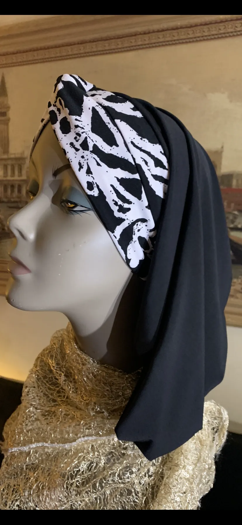 Black Snood Hijab Tichel Turban With Tuxedo Black and White Headband Front | Turban Tichel For Women | Quality Stretchy Lycra Fabric