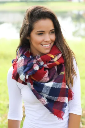 Burgundy Plaid Frayed Blanket Scarf