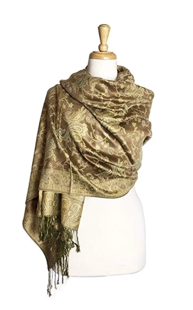 DB023-04 Taupe Beige Paisley Print Pashmina Scarf