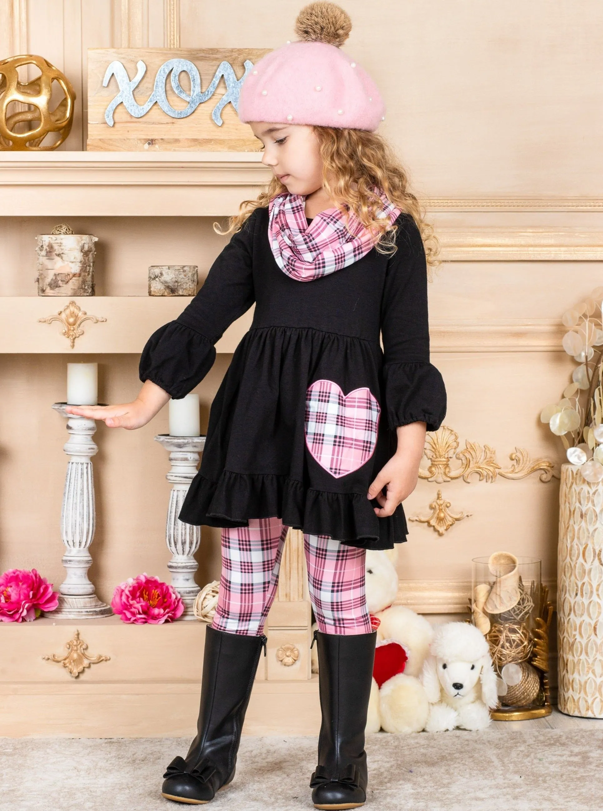 First Love Plaid Tunic, Scarf and Legging Set