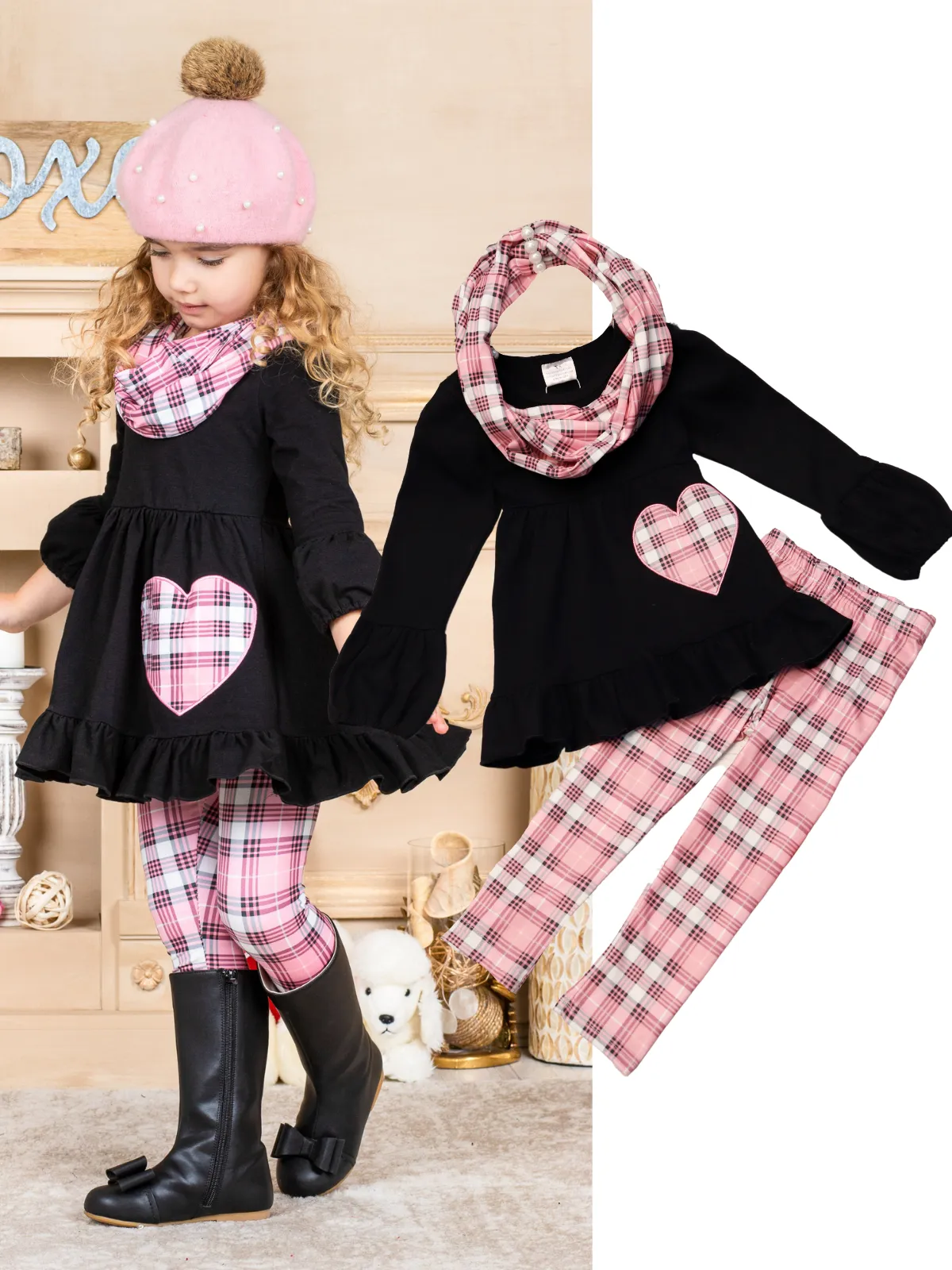 First Love Plaid Tunic, Scarf and Legging Set