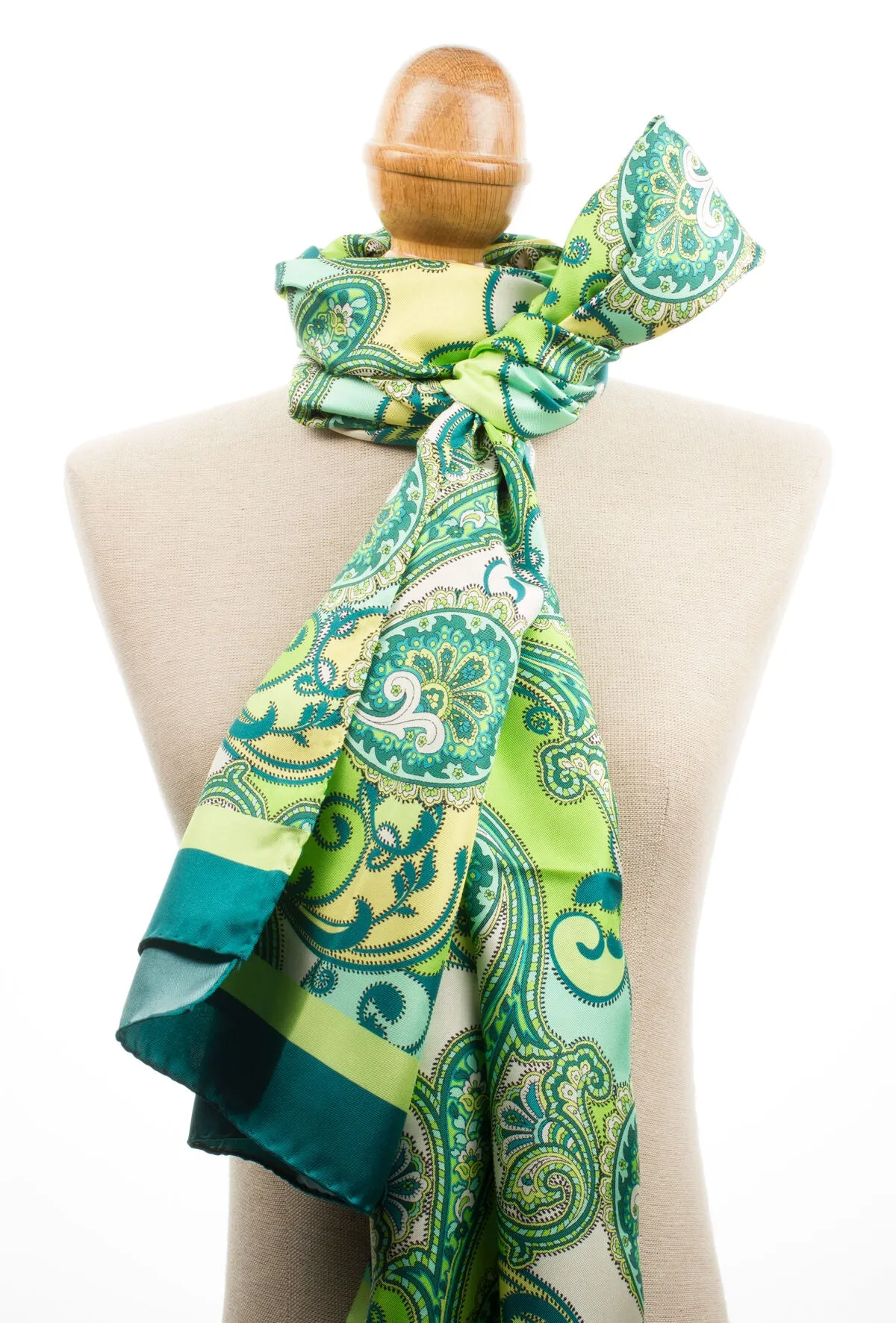 Green & Yellow Paisley Printed Silk Twill Scarf