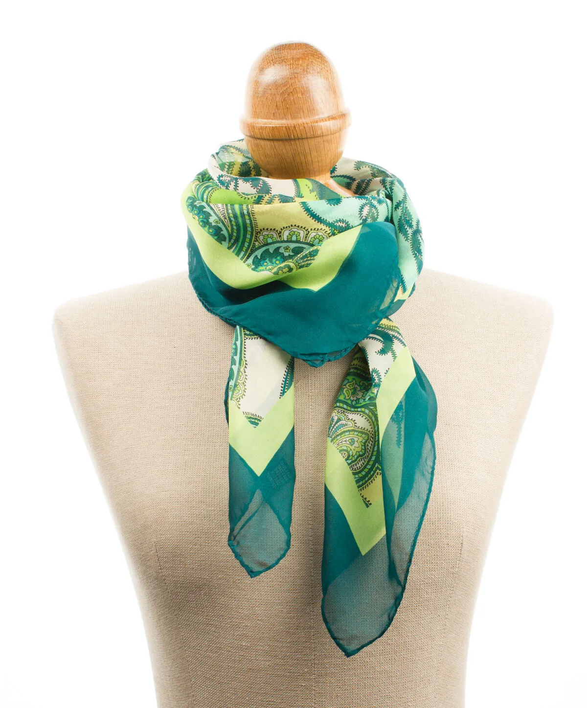 Green Paisley Printed Silk Chiffon Scarf