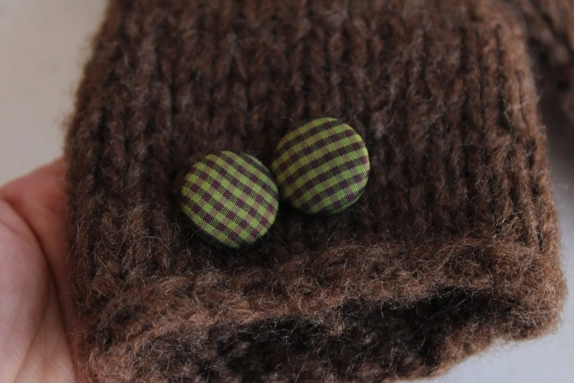 'Highlands" Hand Knit Fingerless Gloves or Armwarmers in Brown with Green Plaid Buttons