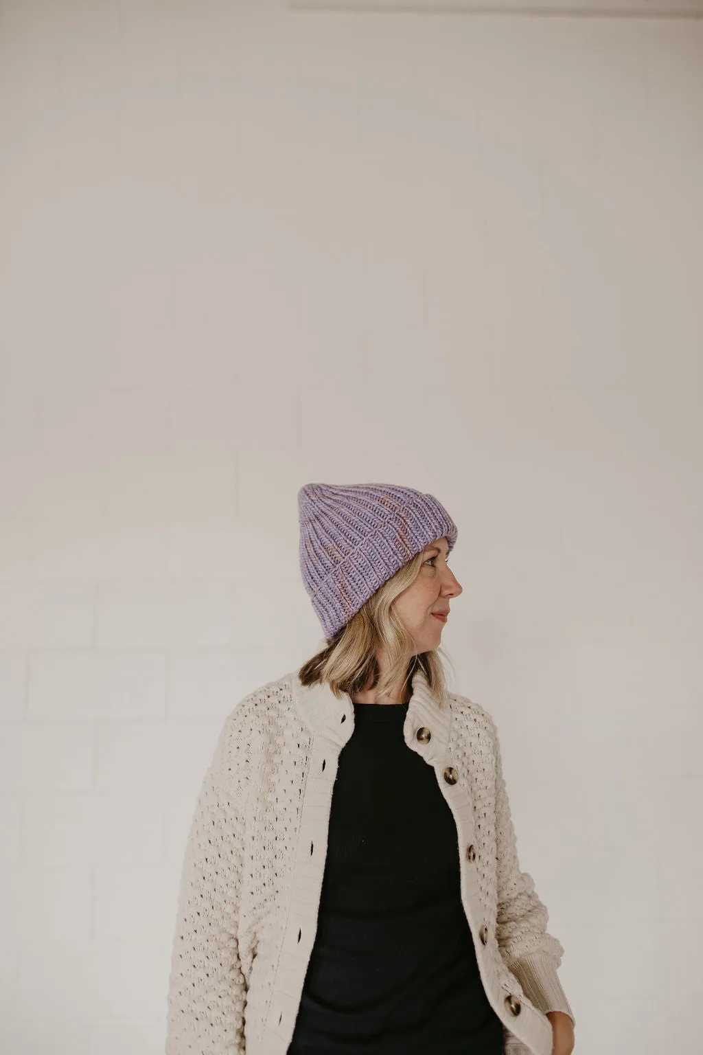 Lavender Speckle Merino Wool Hand Knit Ribbed Beanie