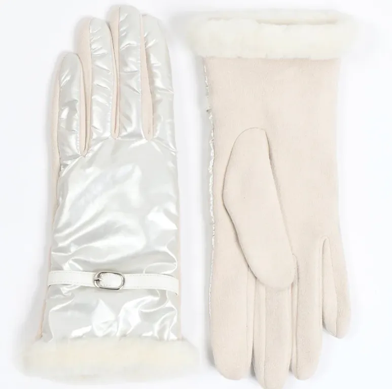 Metallic Look Gloves with Faux Sheepskin Trim