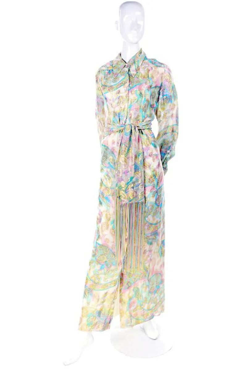 Nat Kaplan Couture Long Dress w/ Metallic Gold Paisley & Pastel Caftan Style