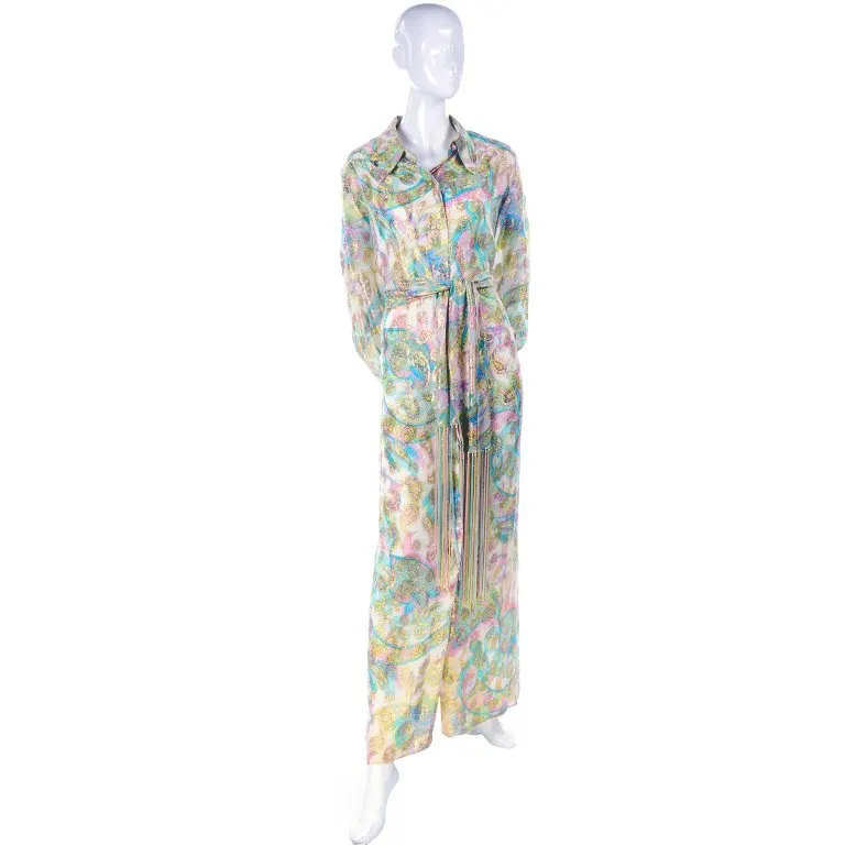 Nat Kaplan Couture Long Dress w/ Metallic Gold Paisley & Pastel Caftan Style