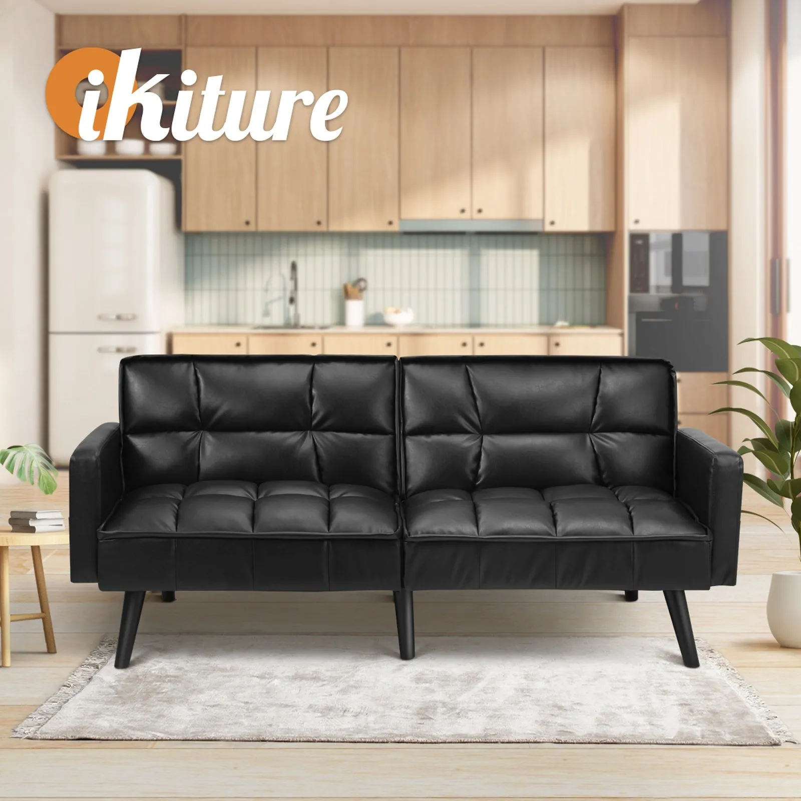 Oikiture Sofa Bed Futon Convertible Leather Lounge Couch 3-Seater Recliner Black