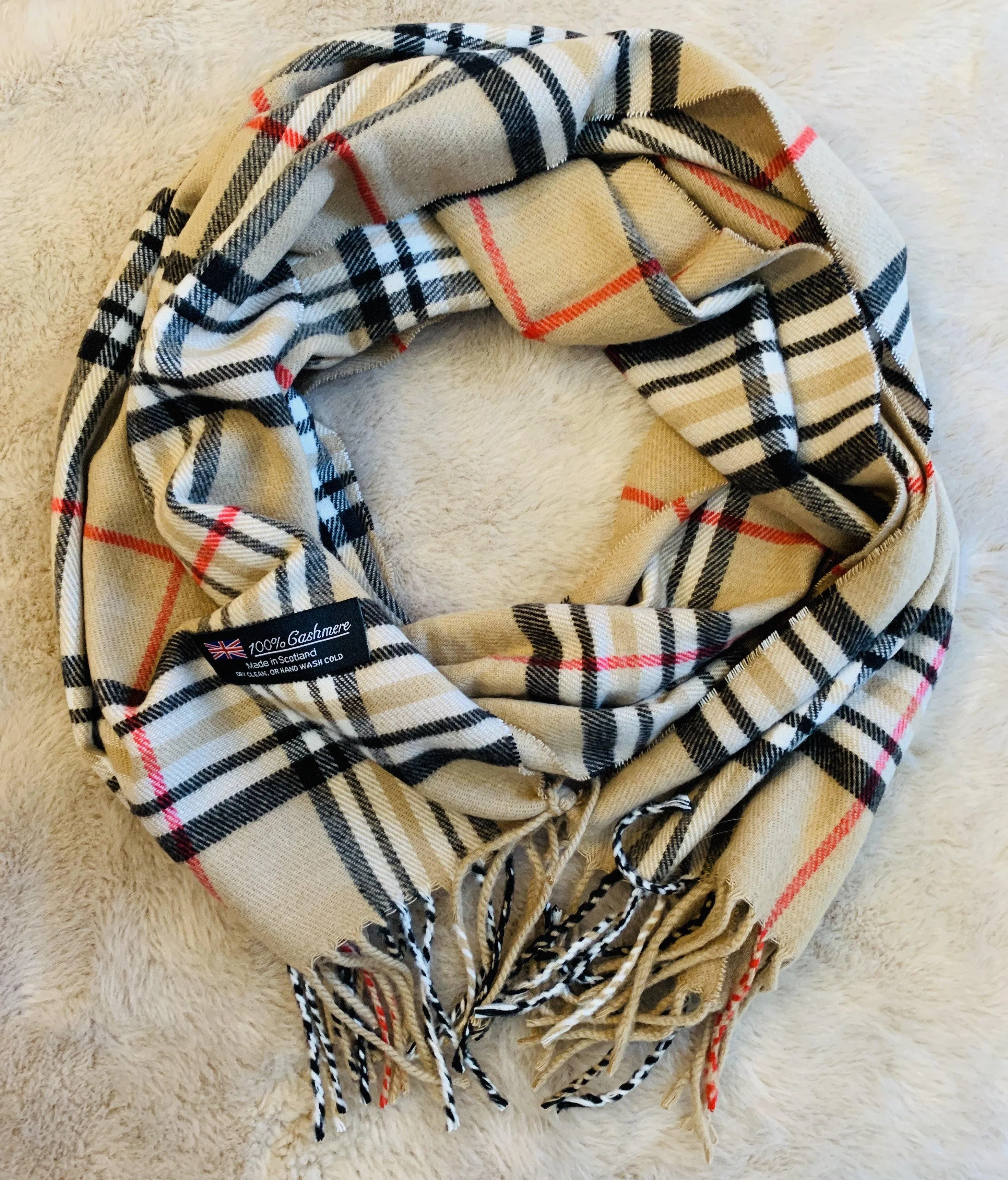 Scarf Camel vintage check Designer inspired Plaid Brown Red White Black Unisex