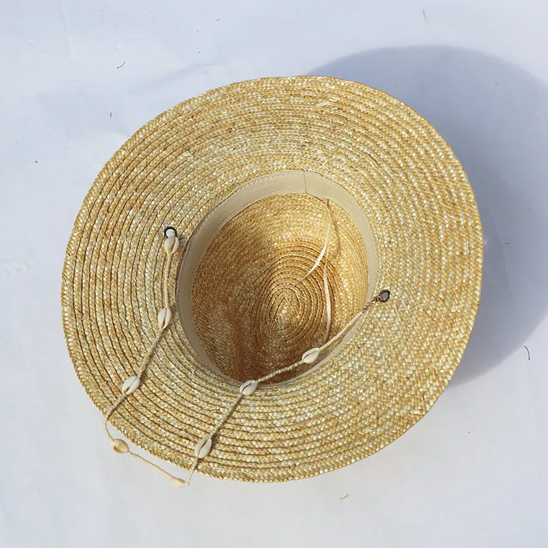 Seashell Beaded Beach Hat With Chain For Women Straw Woven Fedora Hat