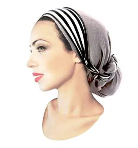 ShariRose Pre Tied Bandana Head Scarf Tichel Lightweight Long Cotton Stripe Wrap (Gray w/ stripe)