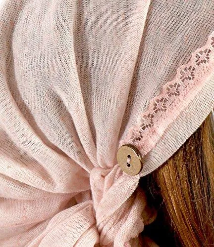 Soft Pink Head-scarf Chemo Tichel Embellished with Vintage Lace Coconut Buttons (Champagne baby pink long - 372)