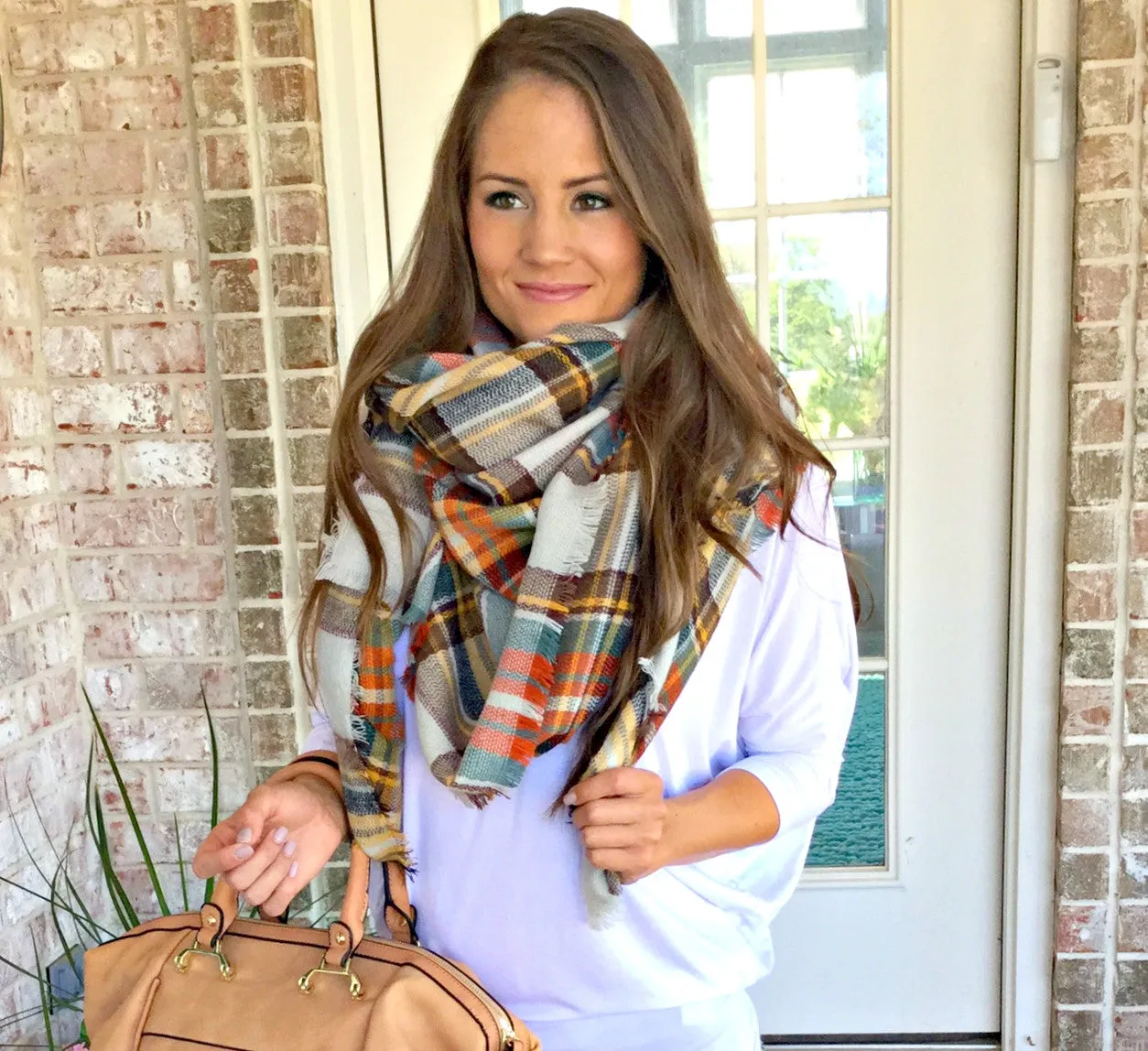 That's A Wrap Plaid Blanket Scarf: Orange/Gold