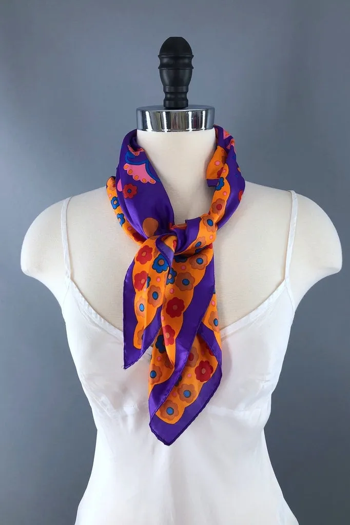 Vintage Purple and Orange Floral 1970s Scarf