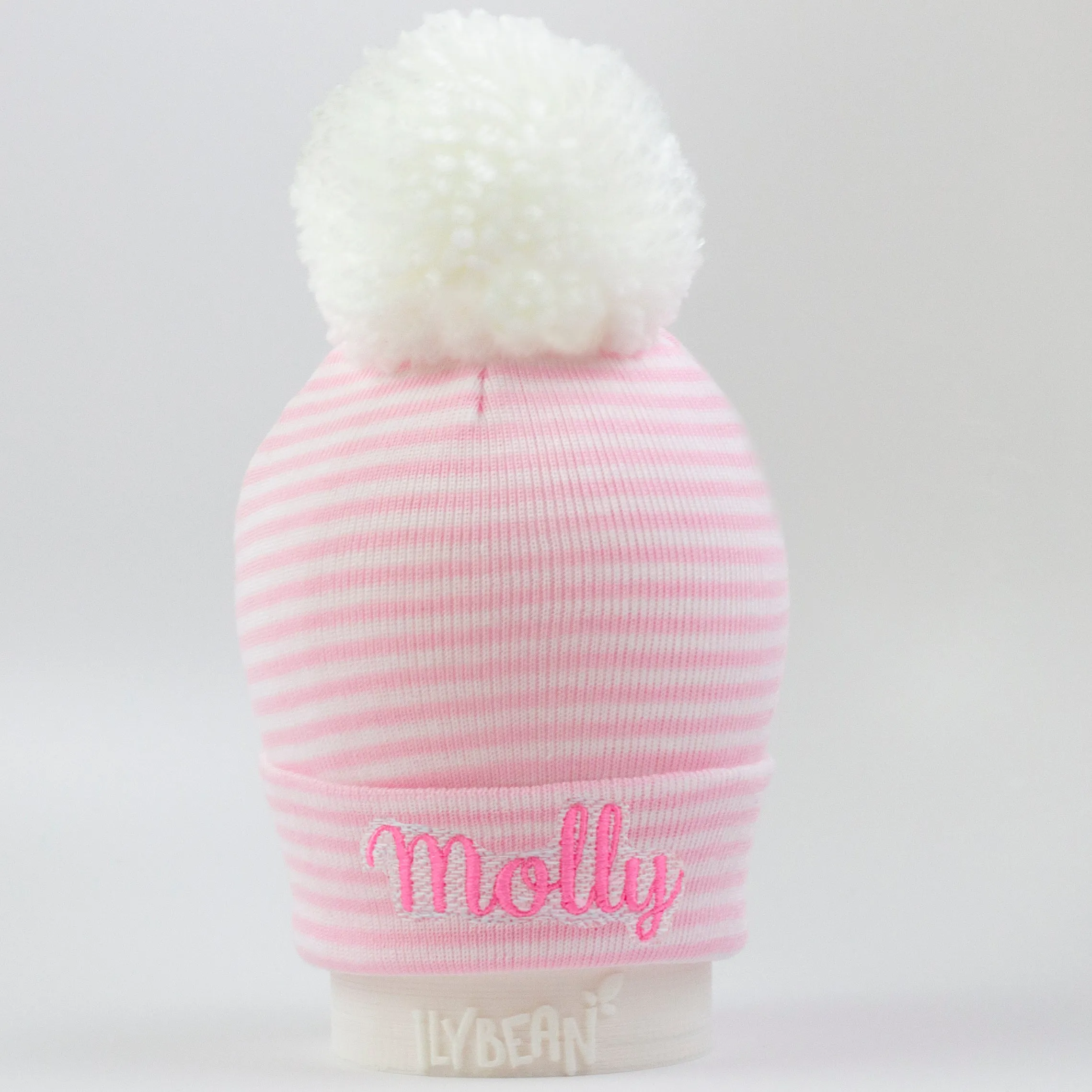 Wide Pink and White Striped Newborn Baby Girl Hospital Beanie with White Pom Pom Hat Infant Hat Newborn Hat (personalization optional)